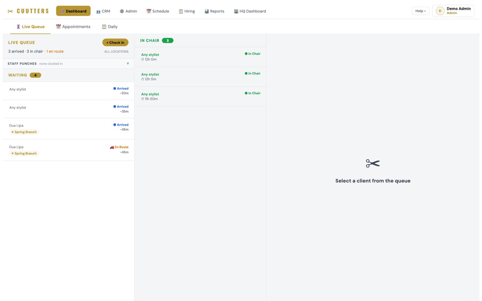 Live queue with two-stage check-in — arrived, in-chair, en route (demo data)