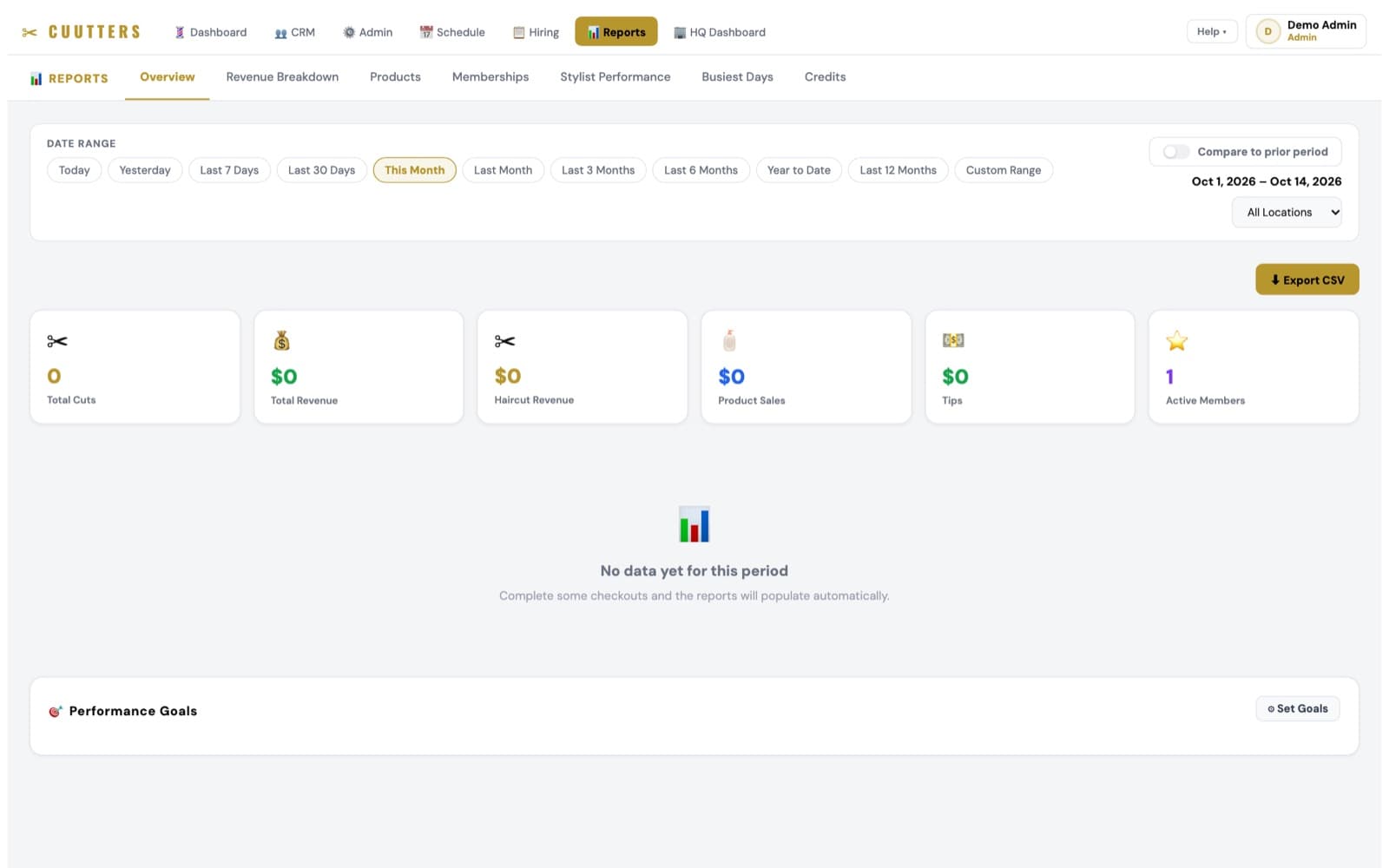 Reporting: revenue breakdown, stylist performance, memberships, CSV export (demo data)